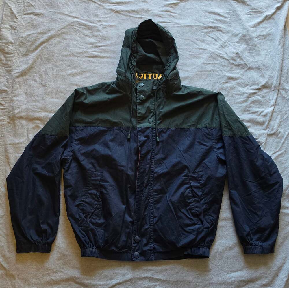 Vintage 90s Nautica Jacket Mens Large Green Navy Yellow Spellout Collar Hooded